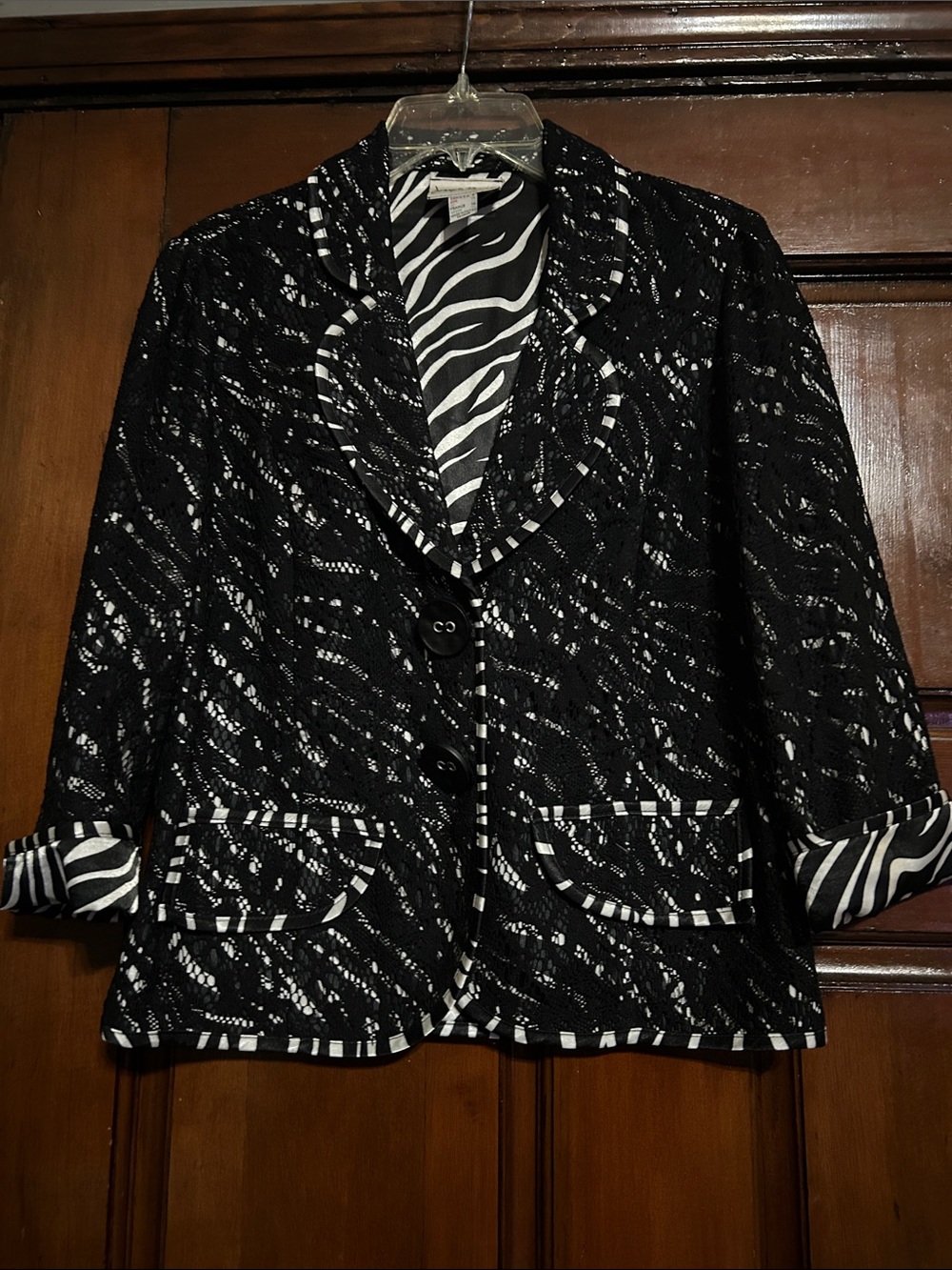 Joseph Ribkoff Black and White Patterned Zebra-Trim Blazer